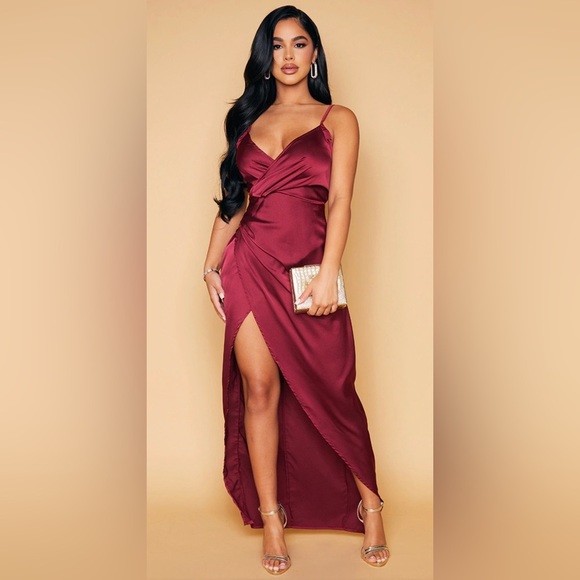 PRETTY LITTLE THING ~ Burgundy Satin Wrap-Detail Maxi Dress ~ Front Slit ~ Sz 8 - Picture 1 of 6